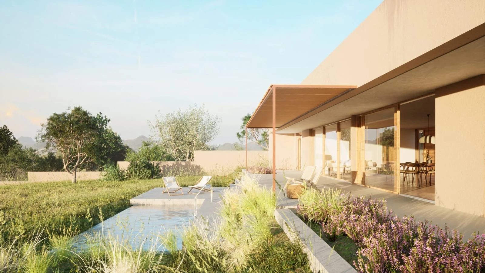 Casa TJ: Jardí, piscina i façana de tons terra