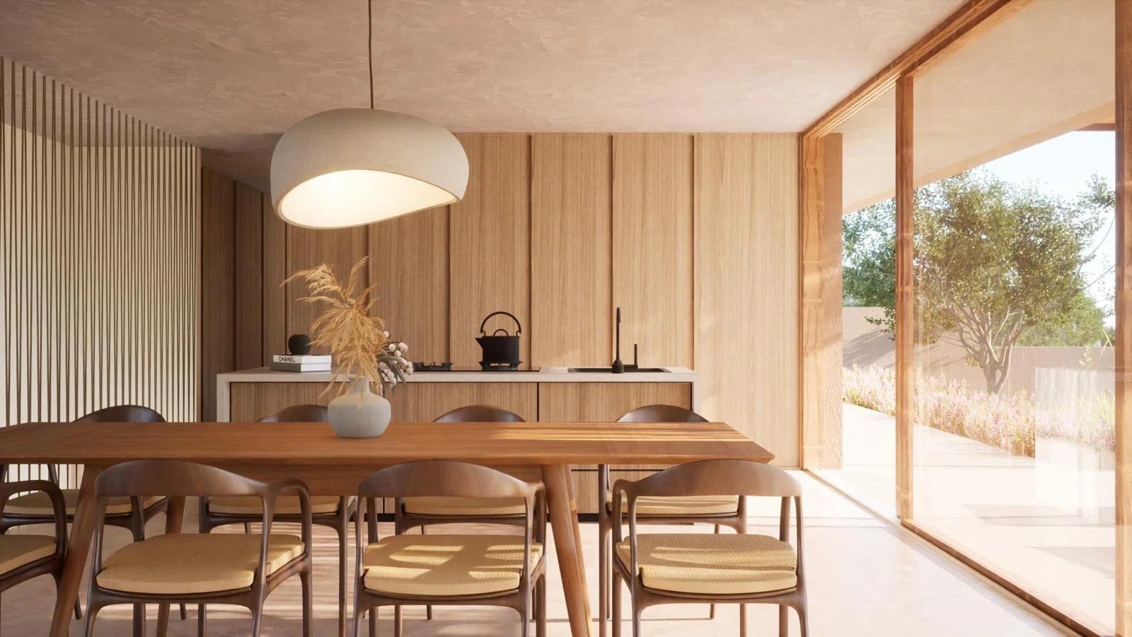 Casa TJ: Cuina i menjador amb revestiments de fusta